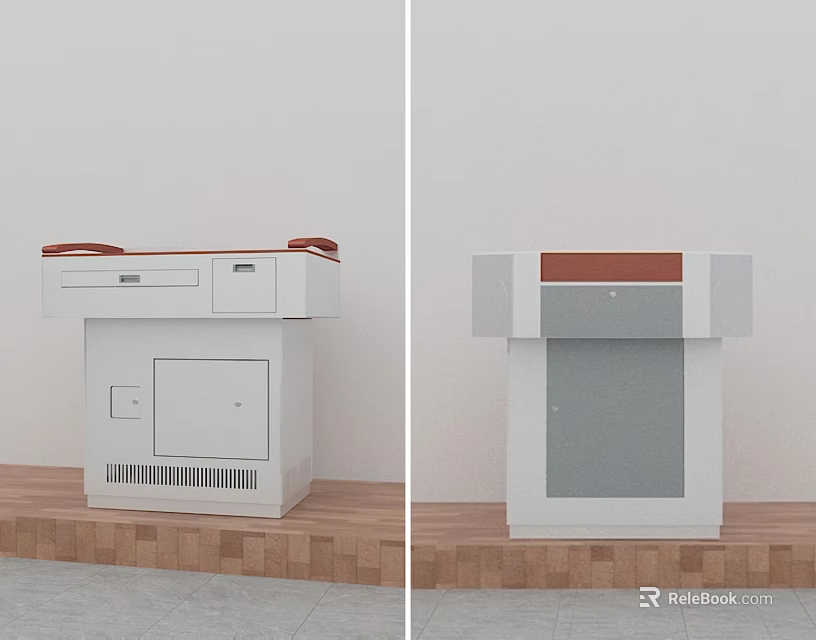 White Functional Desk Featuring Red And Gray Countertop Drawer Cabinet And Vent 3d model 