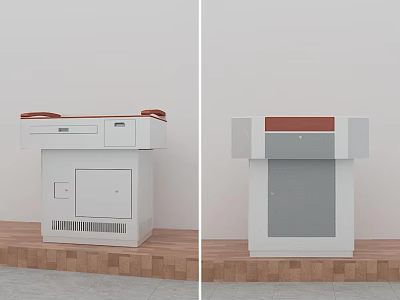 White Functional Desk Featuring Red And Gray Countertop Drawer Cabinet And Vent 3d model