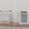 White Functional Desk Featuring Red And Gray Countertop Drawer Cabinet And Vent