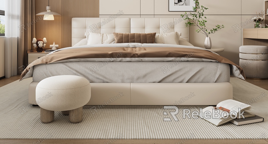 Modern Cream Style Bedroom Double Bed Cortical Bed Nightstand Dropped Light Fabric Bed model