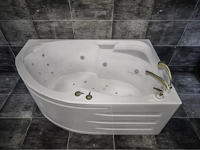 White Curved Whirlpool Bathtub With Chrome Faucet And Dark Stone Tile Walls 3d model