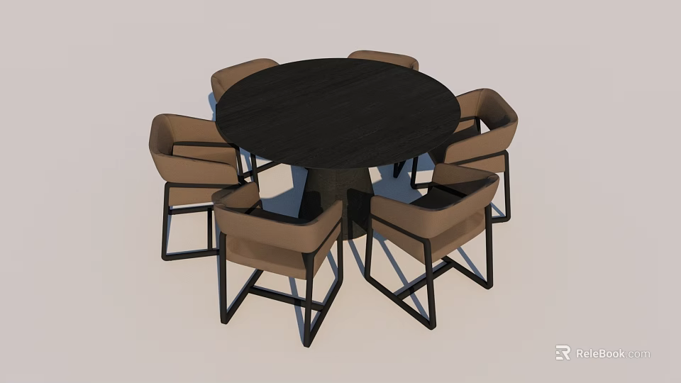Round Black Dining Table Set With Light Brown Chairs And Metal Legs 3d model