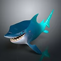 3D Cartoon Style Blue Shark With Glowing Features Open Mouth Sharp Teeth Dark Background Reflection