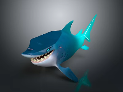3D Cartoon Style Blue Shark With Glowing Features Open Mouth Sharp Teeth Dark Background Reflection 3d model