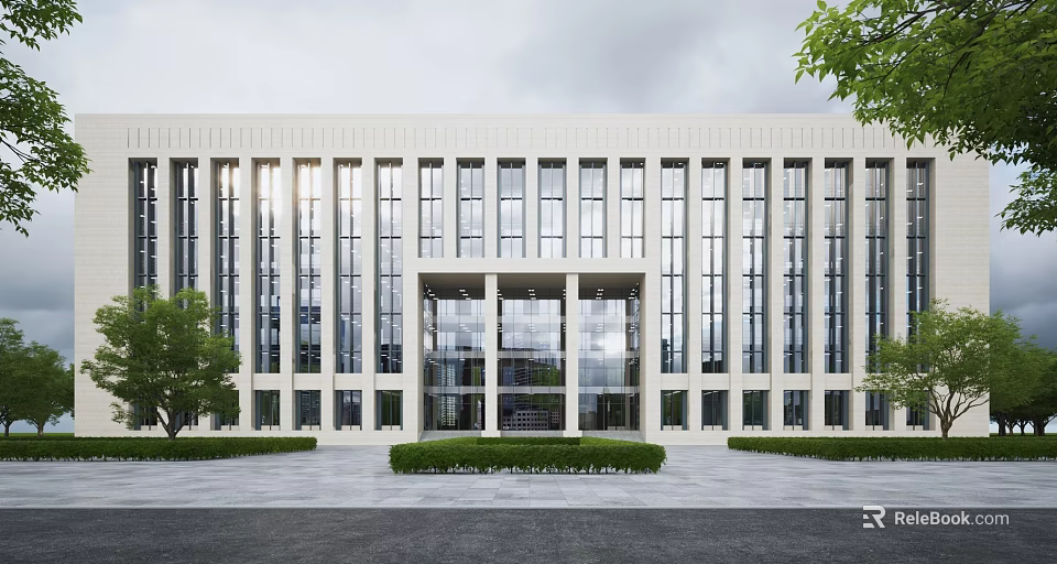 Modern Office Building With Large Glass Windows Symmetrical Design And Front Hedges 3d model 