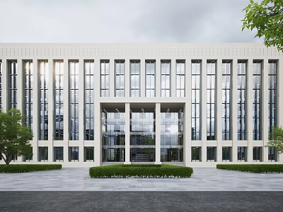 Modern Office Building With Large Glass Windows Symmetrical Design And Front Hedges 3d model