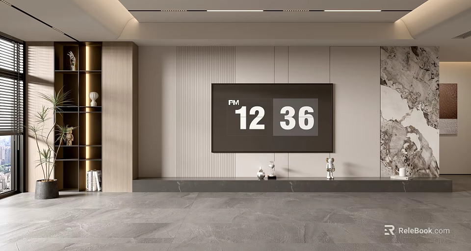 Modern Interior Design With Large Screen FM Display Decorative Figurines Gray Tiled Floor And Shelving 3d model 