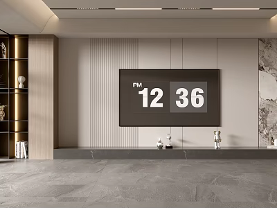 Modern Interior Design With Large Screen FM Display Decorative Figurines Gray Tiled Floor And Shelving 3d model