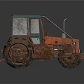 Old Orange And Blue Tractor With Large Worn Tires On Gray Background