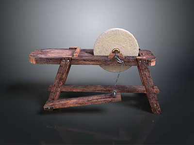 Traditional Stone Mill on Wooden Stand with Grinding Wheel and Vintage Design 3d model