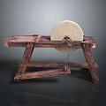 Traditional Stone Mill on Wooden Stand with Grinding Wheel and Vintage Design