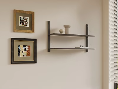 Light Wall Corner With Framed Abstract Paintings And Black Shelf Holding White Vase And Books 3d model