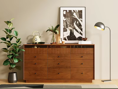 Wooden Entryway Cabinet Sideboard With Teapot Vase Artwork Floor Lamp And Green Plant 3d model