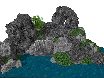 Natural Rockery Stones Landscape With Green Plants And Blue Water Features 3d model