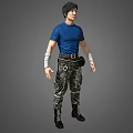 A Stylish Man Wearing Blue T shirt Camouflage Pants Black Boots With Waist Pack And Wristbands