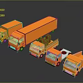 Five Orange Trucks of Various Types on Dark Background with Reflections