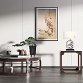Modern Chinese Round Coffee Table With Side Table Tea Set And Decorative Painting 3d model