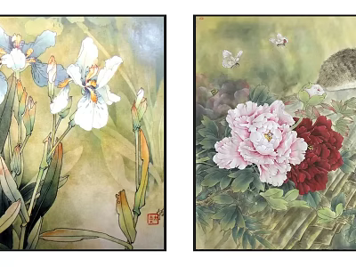 Vibrant Botanical Paintings with Iris Peony Flowers Butterflies and Bamboo Accents 3d model