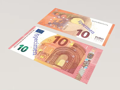Daily Life Items Showcasing 10 Euro Specimen Banknotes With Design Elements And Features 3d model