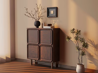 Modern Interior With Wooden Cabinet Black Vase Green Plant And Photo Frame 3d model
