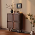 Modern Interior With Wooden Cabinet Black Vase Green Plant And Photo Frame