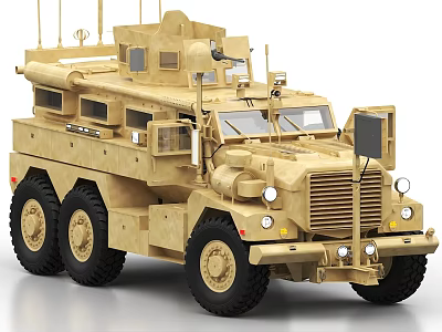 Tan Colored Military Weapon Armored Vehicle with Six Wheels Antennas and Windows 3d model