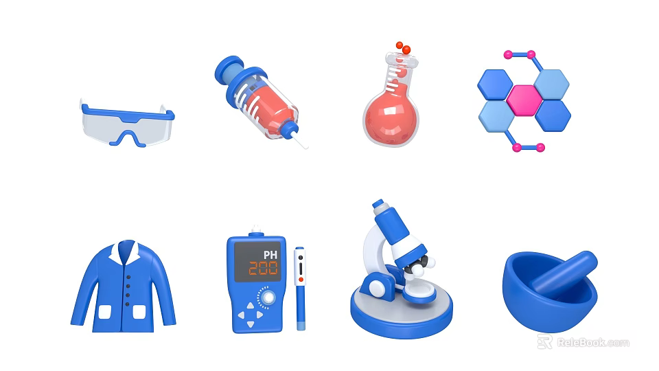 Lab Coat in Laboratory Setting with Goggles Syringe Beaker Microscope and Molecular Model 3d model