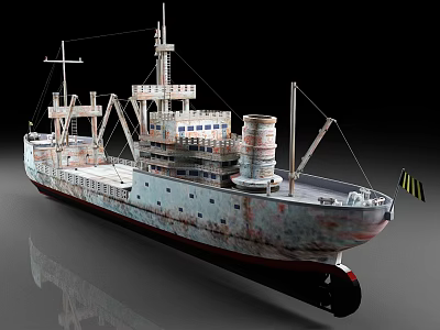 Vintage Rusted Ship With Blue And White Hull Deck Masts And Chimney Structure 3d model