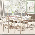 Classic Dining Table And Chairs With Floral Wallpaper Wooden Floor Teapot Vase And Painting