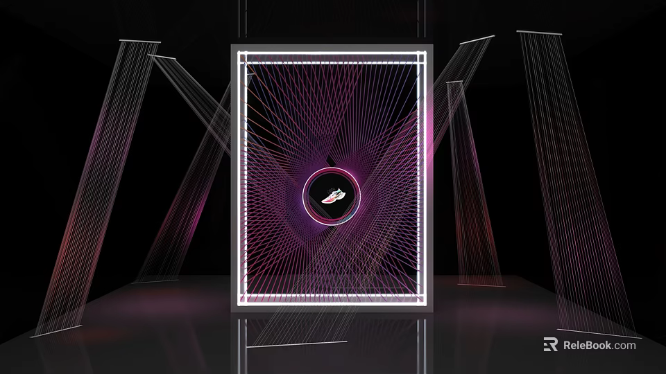 Modern Abstract Art Installation Featuring Neon Border Square Frame And Radial Lines 3d model 