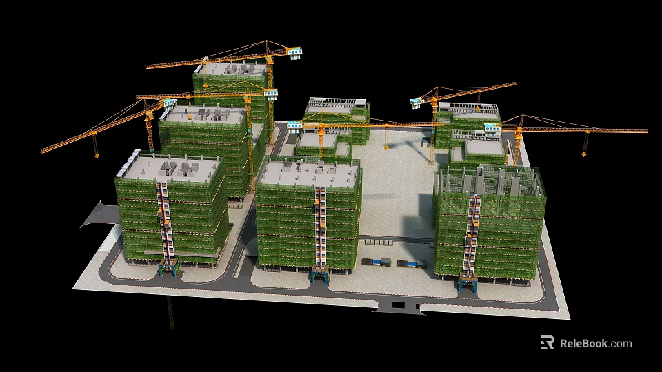 Multiple Green School Buildings Under Construction With Cranes And Scaffolding 3d model 