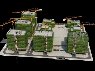 Multiple Green School Buildings Under Construction With Cranes And Scaffolding 3d model
