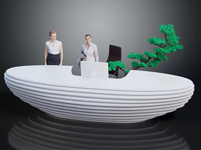White Curved Reception Desk With Computer On Top And Green Tree Decor Beside Two People 3d model
