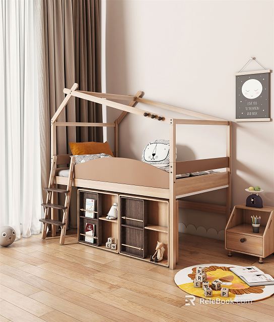 House Shaped Wooden Kids Bed with Ladder and Storage Shelves for Kids Room 3d model 