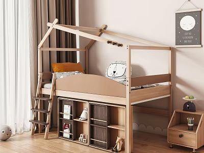 House Shaped Wooden Kids Bed with Ladder and Storage Shelves for Kids Room 3d model