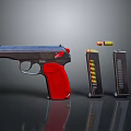 Modern Handgun with Red Grip Silver Body Magazines and Bullets on Surface 3d model