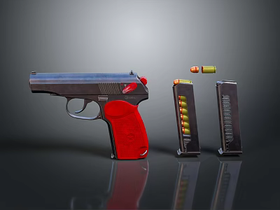 Modern Handgun with Red Grip Silver Body Magazines and Bullets on Surface 3d model Modern Handgun with Red Grip Silver Body Magazines and Bullets on Surface 3d model