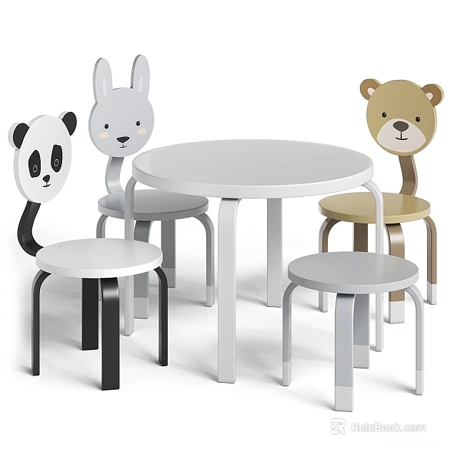 Wooden Kids Chairs With Animal Head Design And Round Table In Multiple Colors 3d model 