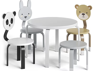Wooden Kids Chairs With Animal Head Design And Round Table In Multiple Colors 3d model