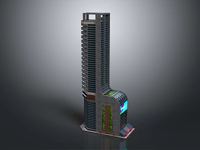 Cartoon Style Tall Building With Modern Glass Facade And Colorful Neon Base 3d model
