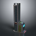 Cartoon Style Tall Building With Modern Glass Facade And Colorful Neon Base