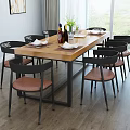 Modern Wooden Dining Table Set with Black Chairs Brown Seats and Dinnerware 3d model