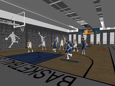 Indoor Basketball Court With Players Wooden Floor Hoops And Wall Silhouettes Lighting 3d model