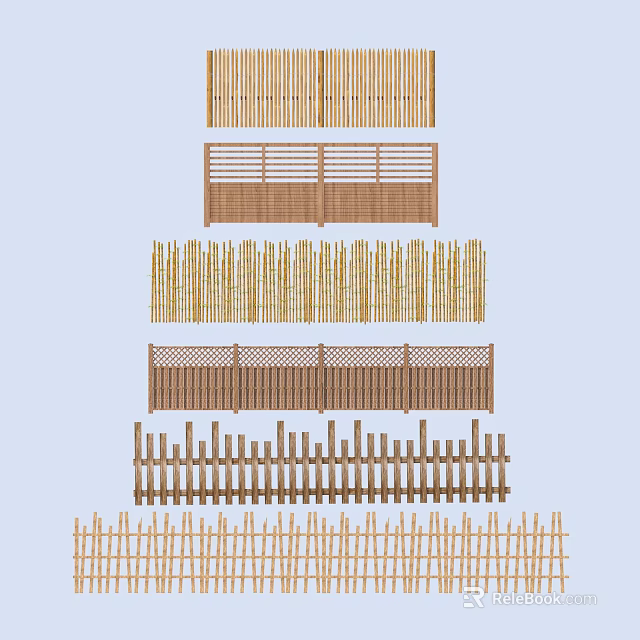 Various Railing Designs With Wooden Slats Bamboo Panels And Lattice Patterns 3d model 