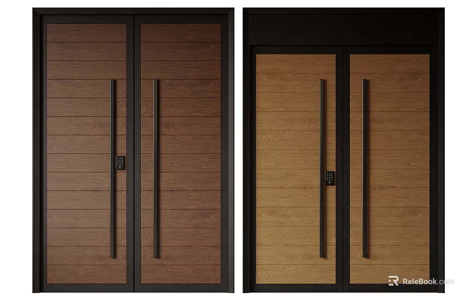 Wooden Double Doors With Black Frame Long Handles And Lock Detail In Dark Light Brown 3d model 