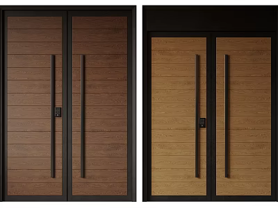 Wooden Double Doors With Black Frame Long Handles And Lock Detail In Dark Light Brown 3d model