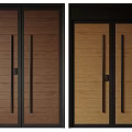 Wooden Double Doors With Black Frame Long Handles And Lock Detail In Dark Light Brown