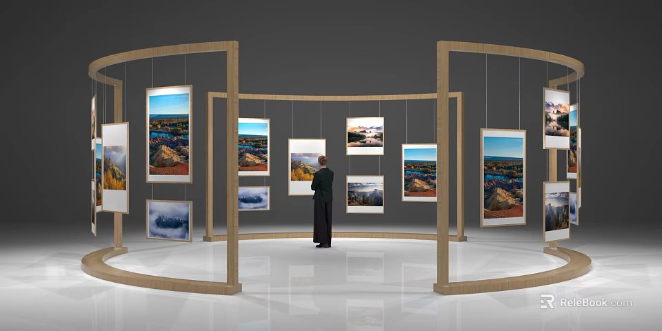 Art Exhibition Hall Featuring Curved Wooden Frames Hanging Landscape Paintings And A Viewer 3d model 