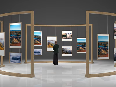 Art Exhibition Hall Featuring Curved Wooden Frames Hanging Landscape Paintings And A Viewer 3d model