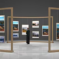 Art Exhibition Hall Featuring Curved Wooden Frames Hanging Landscape Paintings And A Viewer